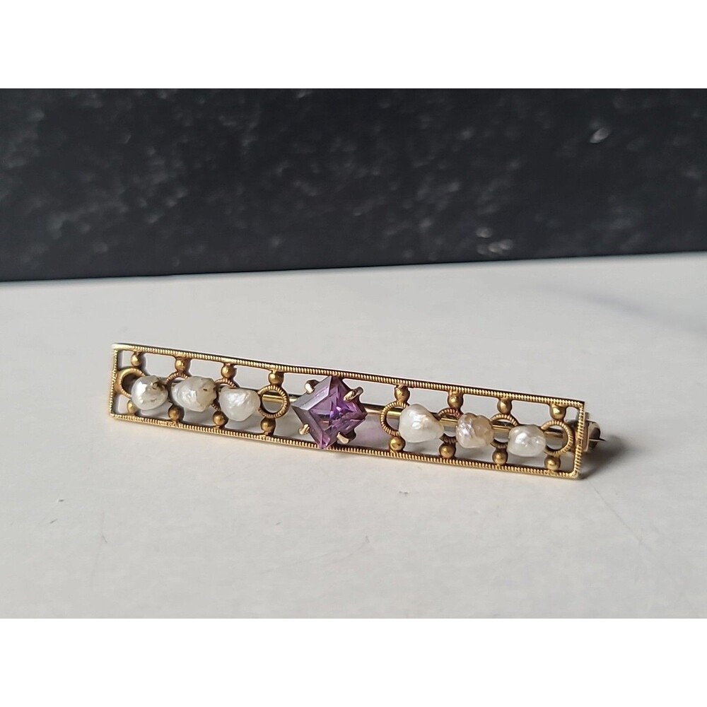 Antique 14K Yellow Gold Amethyst & Natural Pearl Bar Brooch - Picture 2 of 10